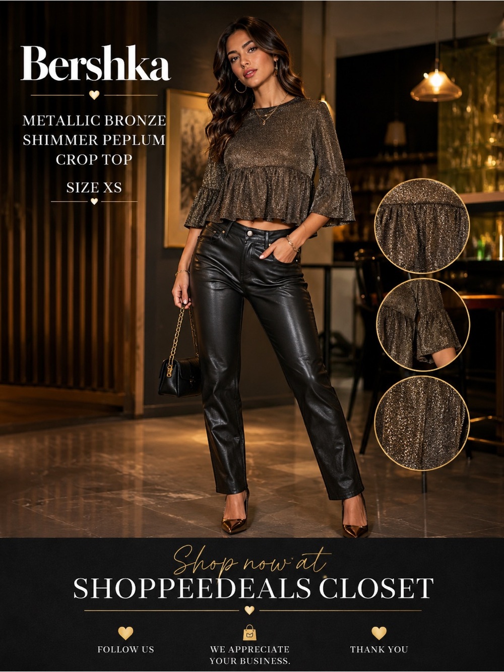Bershka Metallic Bronze Shimmer Peplum Crop Top โ Size XS